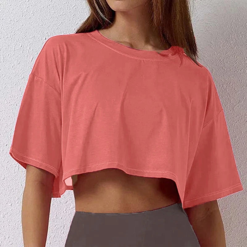 Cotton Women Short Sleeve Dance Running Clothes Yoga Fitness Crop Top Navel Baring New Sport T-shirt Loose Gym Workout Shirts Quick Pick Grocers
